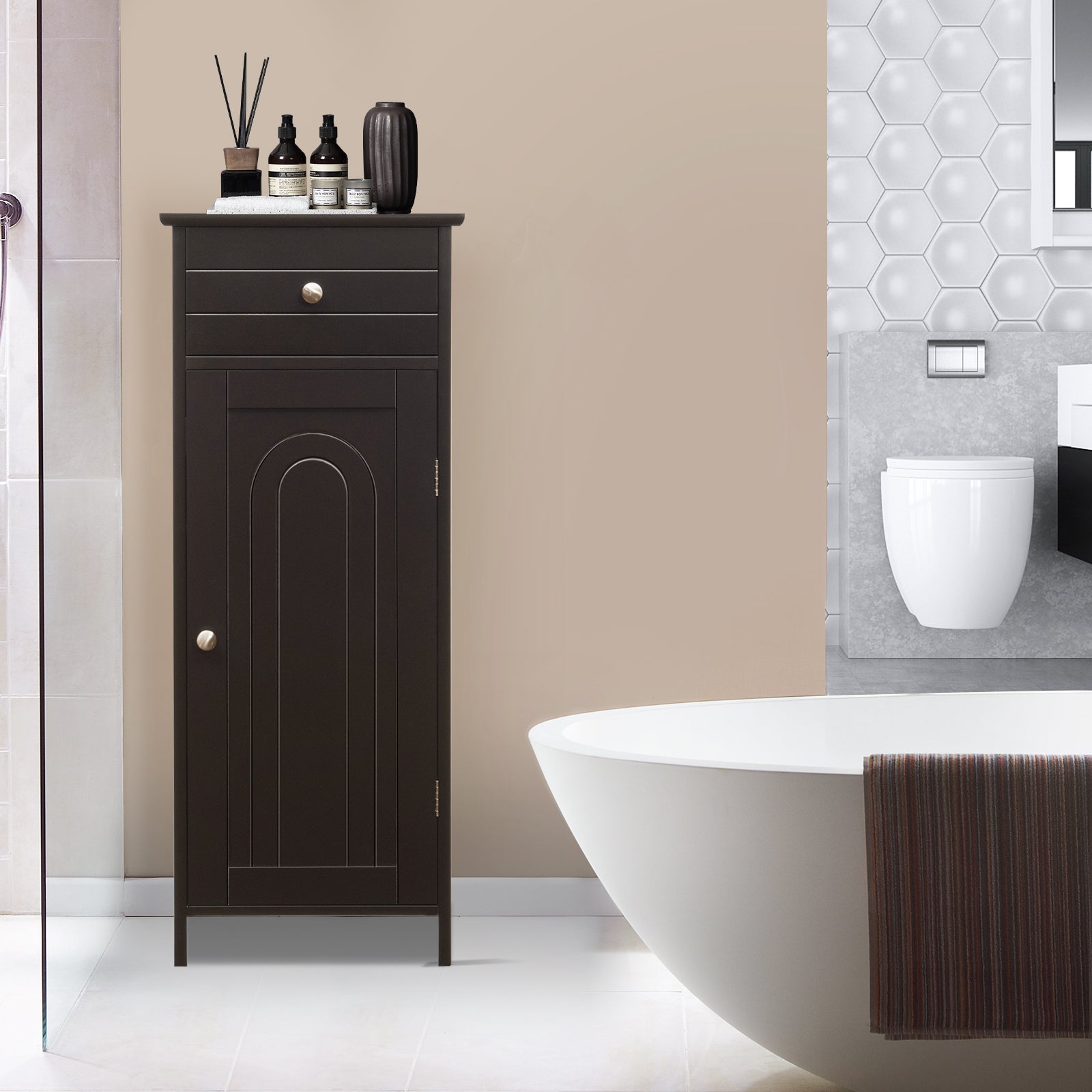 Wooden Storage Free-Standing Floor Cabinet with Drawer and Shelf, Brown Floor Cabinets at Gallery Canada