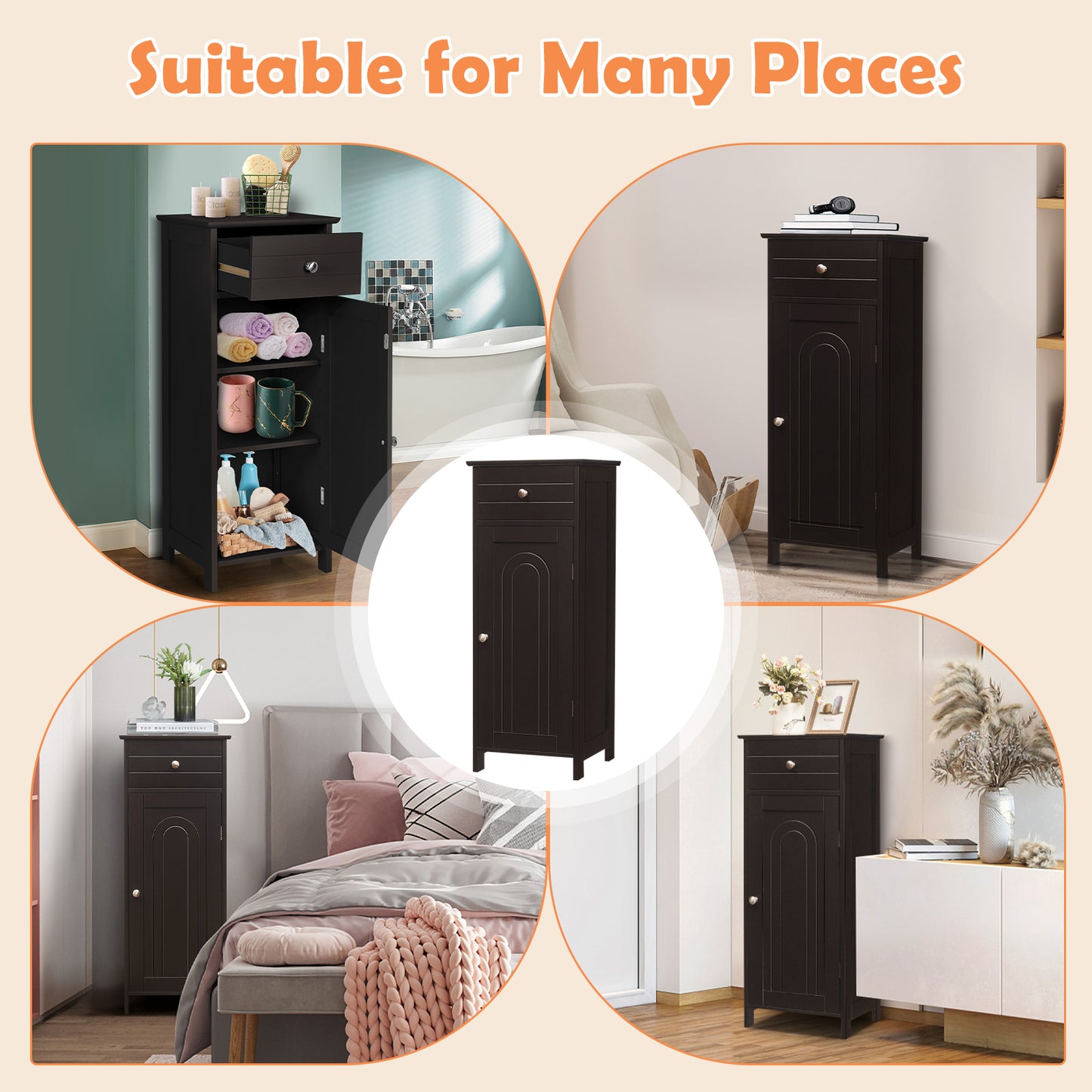 Wooden Storage Free-Standing Floor Cabinet with Drawer and Shelf, Brown Floor Cabinets at Gallery Canada