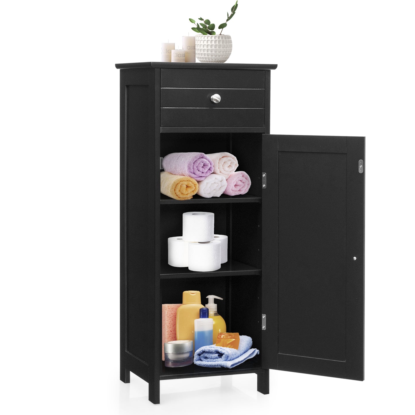 Wooden Storage Free-Standing Floor Cabinet with Drawer and Shelf, Black Floor Cabinets at Gallery Canada