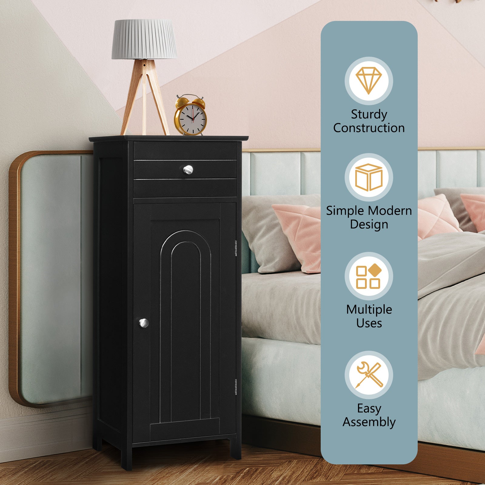 Wooden Storage Free-Standing Floor Cabinet with Drawer and Shelf, Black Floor Cabinets at Gallery Canada