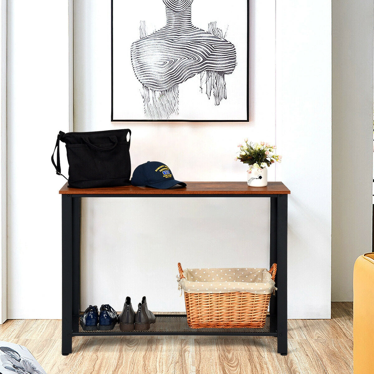 Metal Frame Wood Console Sofa Table with Storage Shelf, Black Console Tables at Gallery Canada
