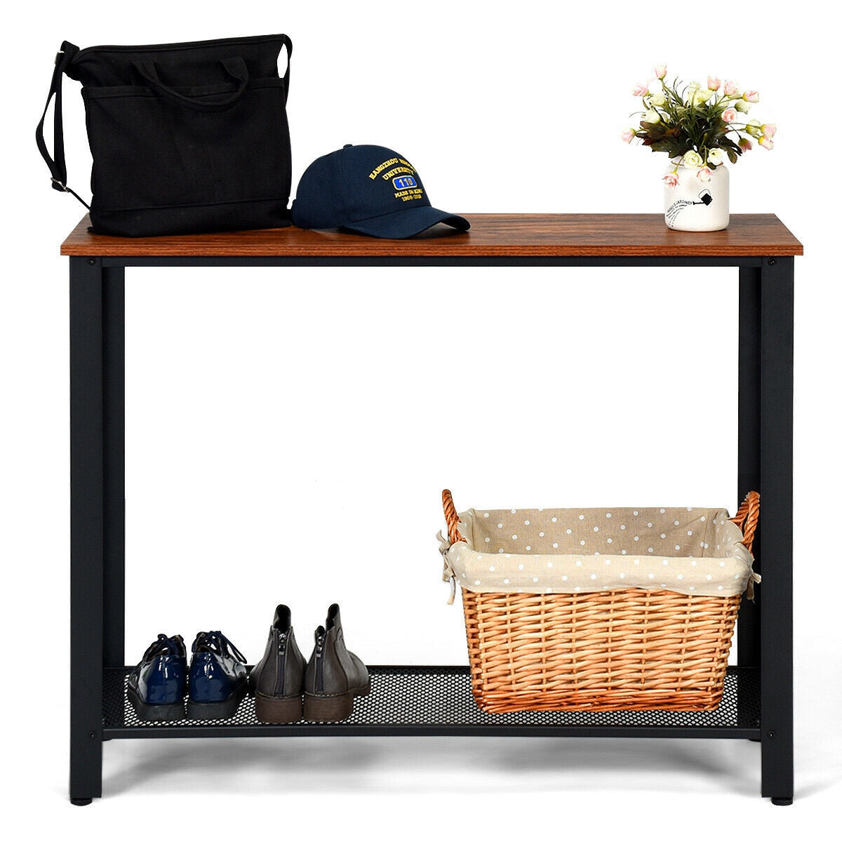 Metal Frame Wood Console Sofa Table with Storage Shelf, Black Console Tables at Gallery Canada