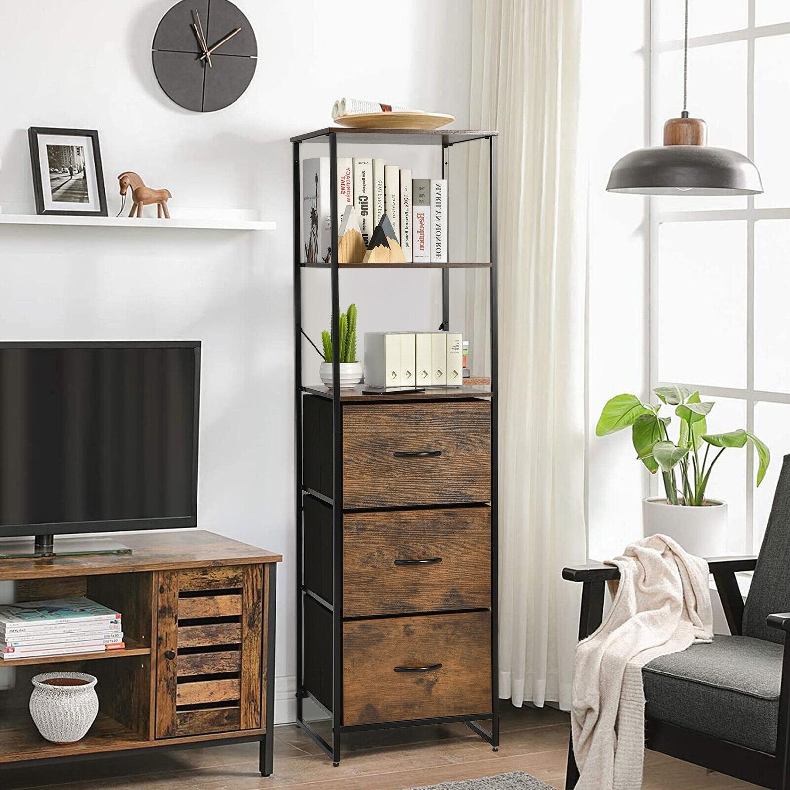 Freestanding Vertical 3 Drawer Dresser with 3 Shelves, Rustic Brown - Gallery Canada