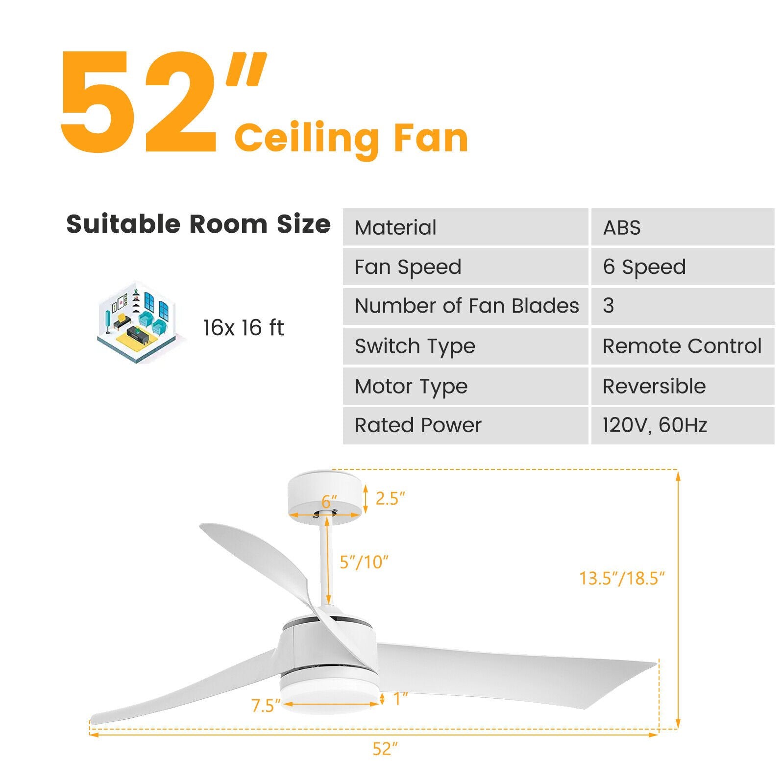 52 Inch Reversible Ceiling Fan with Light, White at Gallery Canada