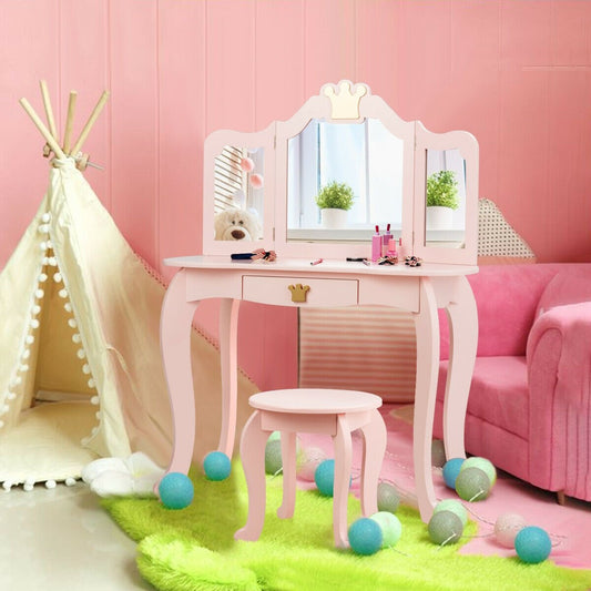 Kids Makeup Dressing Table with Tri-folding Mirror and Stool, Pink - Gallery Canada
