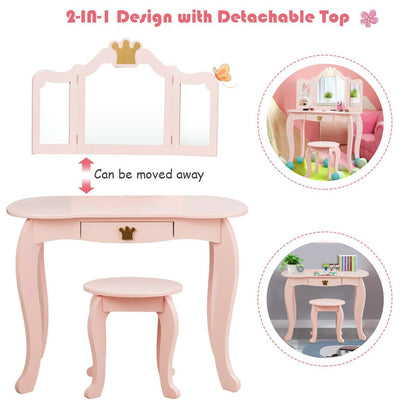 Kids Makeup Dressing Table with Tri-folding Mirror and Stool, Pink - Gallery Canada