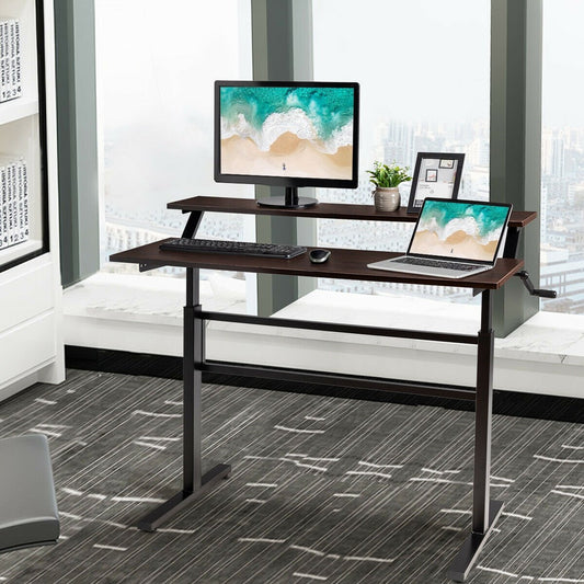 Standing Desk Crank Adjustable Sit to Stand Workstation, Brown - Gallery Canada