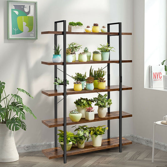 3/5 Tiers Industrial Bookcase with Metal Frame for Home Office-5-Tier, Brown - Gallery Canada