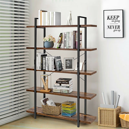 3/5 Tiers Industrial Bookcase with Metal Frame for Home Office-5-Tier, Brown