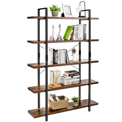 3/5 Tiers Industrial Bookcase with Metal Frame for Home Office-5-Tier, Brown