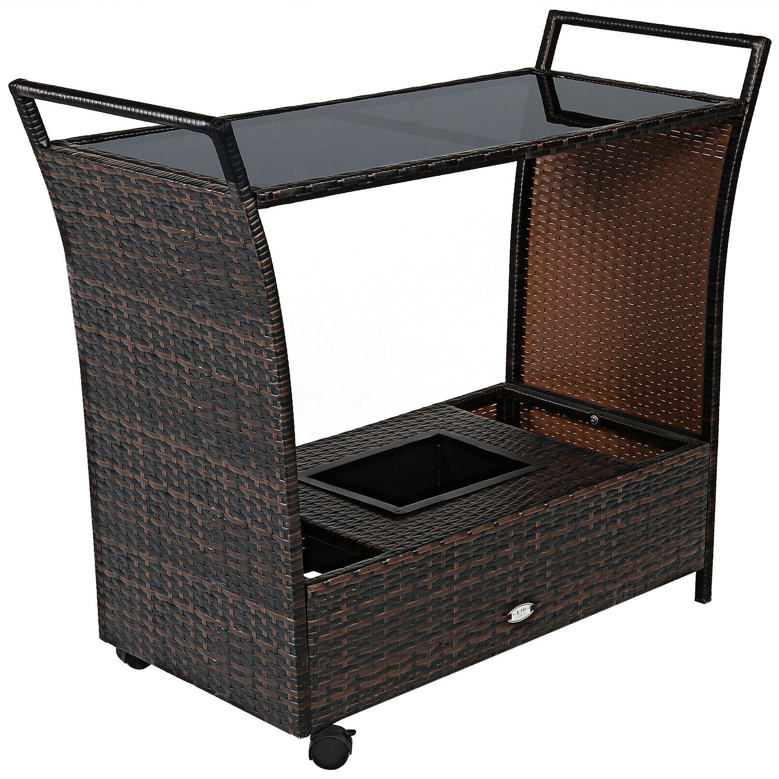 Patio Rattan Bar Serving Cart with Glass Top and Handle, Brown Patio Bar Furniture Brown at Gallery Canada