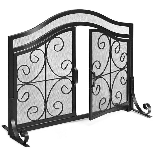 Fireplace Screen with Hinged Magnetic Two-doors Flat Guard, Black