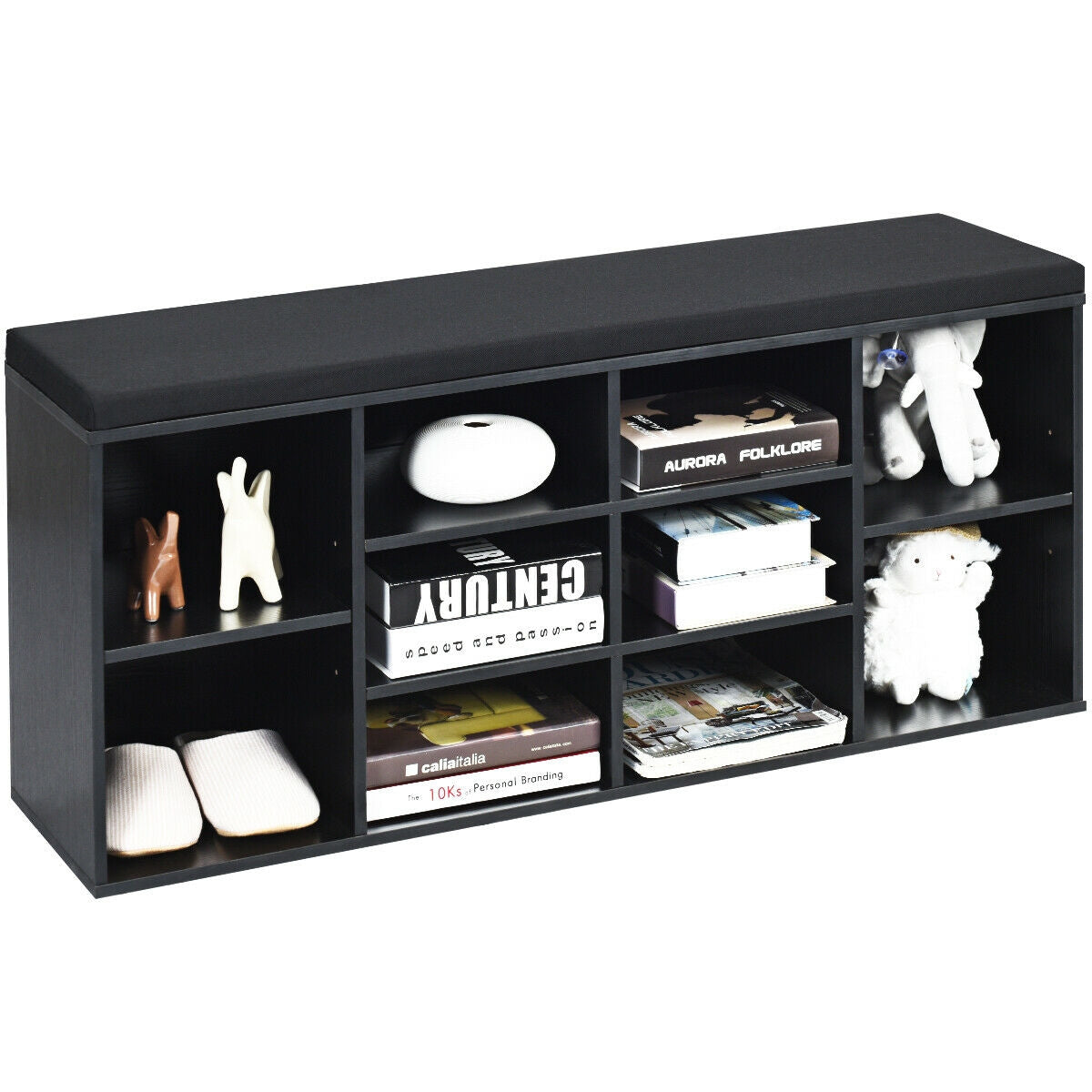 10-Cube Organizer, Padded Shoe Storage Bench, Black