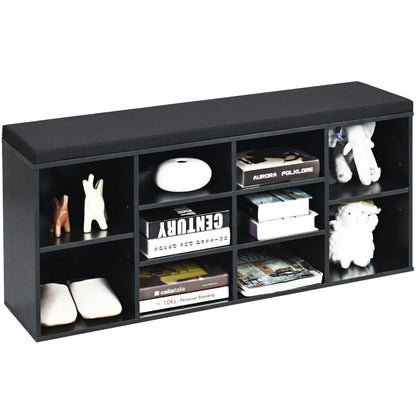 10-Cube Organizer, Padded Shoe Storage Bench, Black