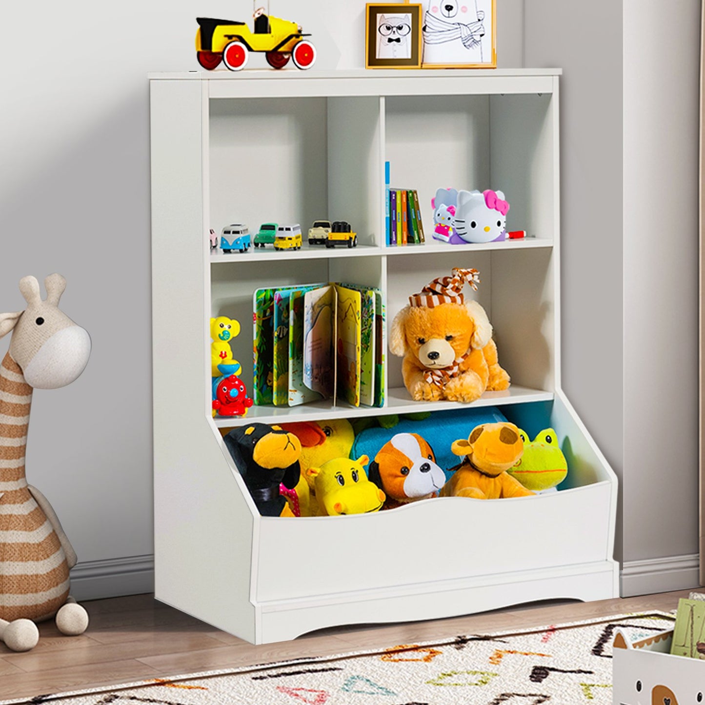 3-Tier Children's Multi-Functional Bookcase Toy Storage Bin Floor Cabinet, White - Gallery Canada