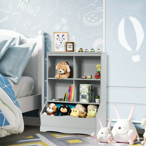 3-Tier Children's Multi-Functional Bookcase Toy Storage Bin Floor Cabinet, Gray