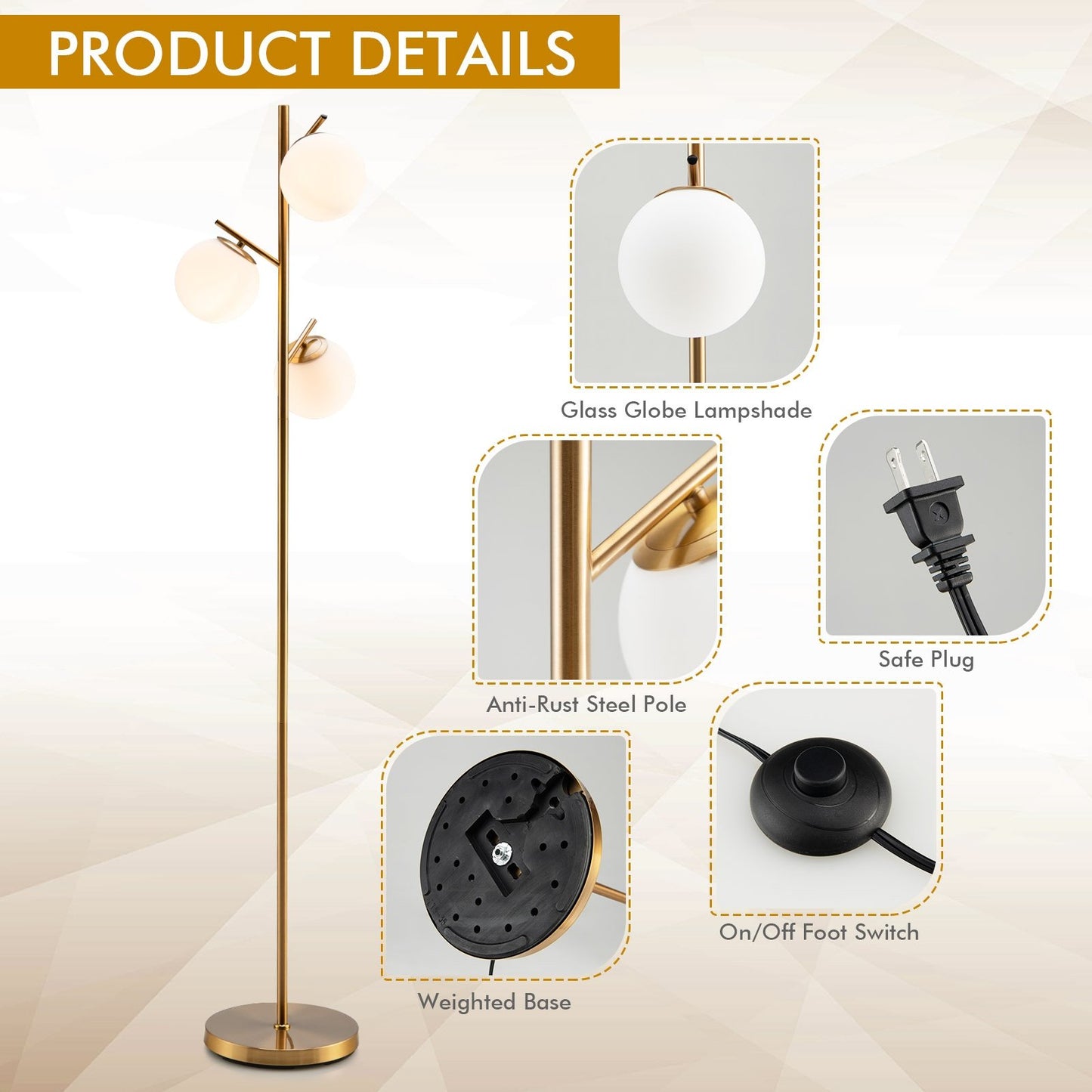 3-Globe Floor Lamp with Foot Switch and Bulb Bases, Golden at Gallery Canada