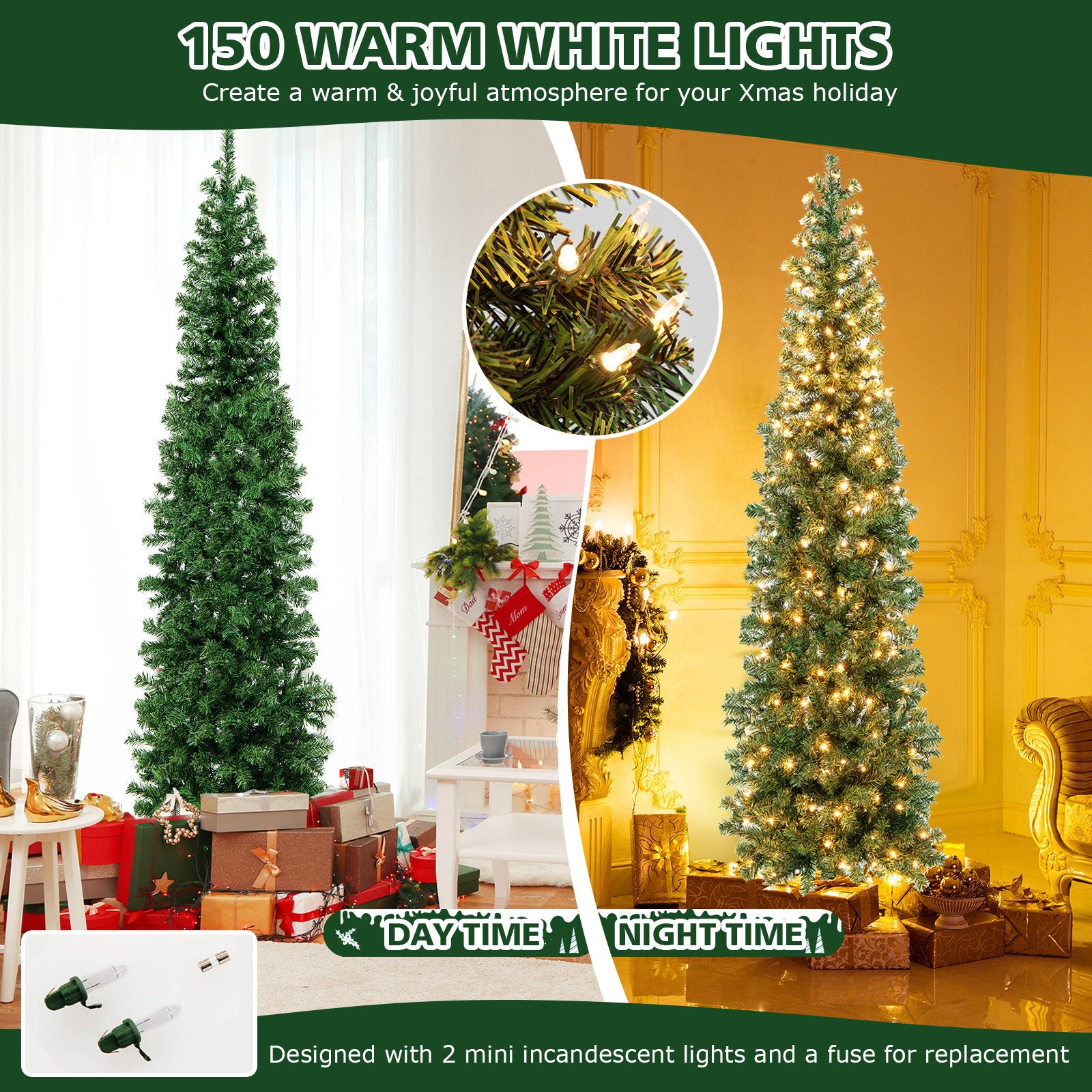 7 Feet Prelit Half-Shape Christmas Tree with 150 Lights, Green - Gallery Canada
