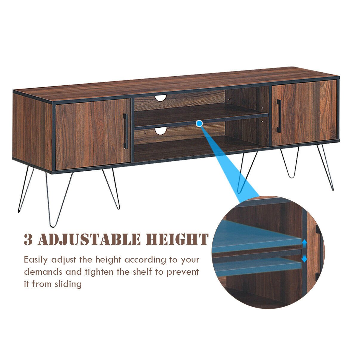 Retro Modern TV Stand with 6 Metal Legs for TVs up to 65 Inch with 2 Cable Holes, Walnut - Gallery Canada