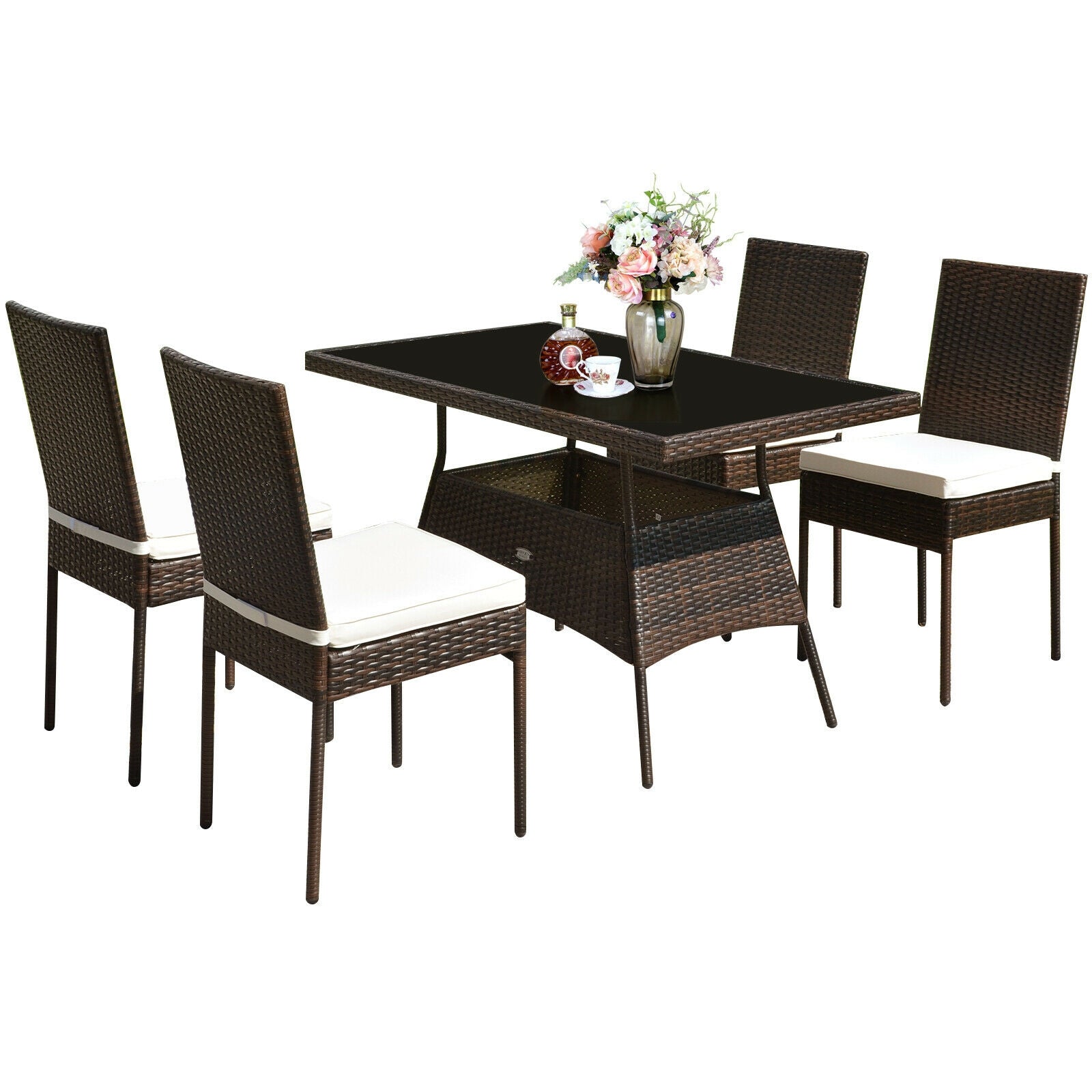 5 Pcs Rattan Dining Set Glass Table High Back Chair, Brown Patio Dining Sets at Gallery Canada