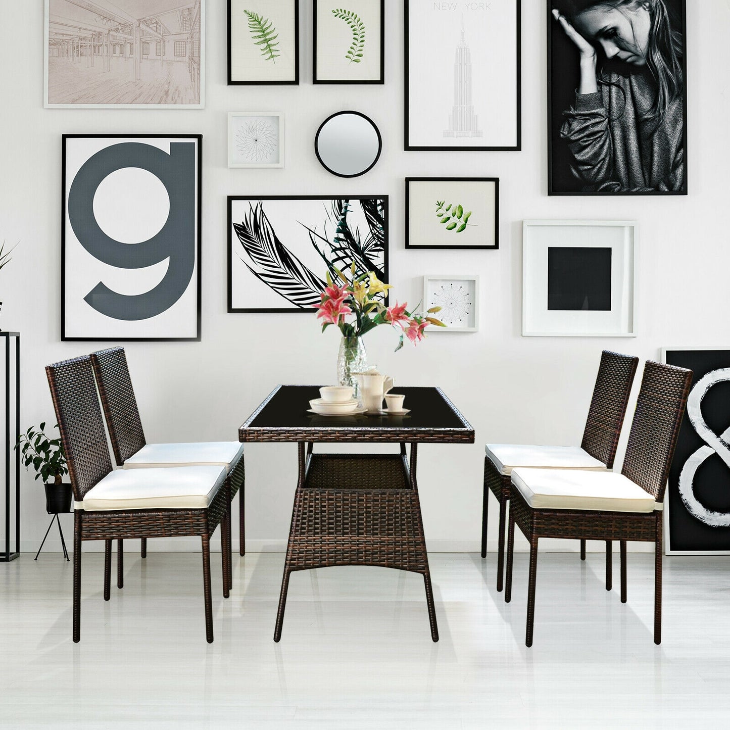 5 Pcs Rattan Dining Set Glass Table High Back Chair, Brown Patio Dining Sets at Gallery Canada