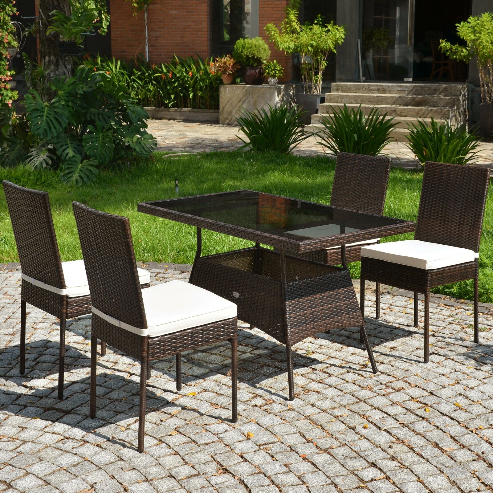 5 Pcs Rattan Dining Set Glass Table High Back Chair, Brown Patio Dining Sets at Gallery Canada
