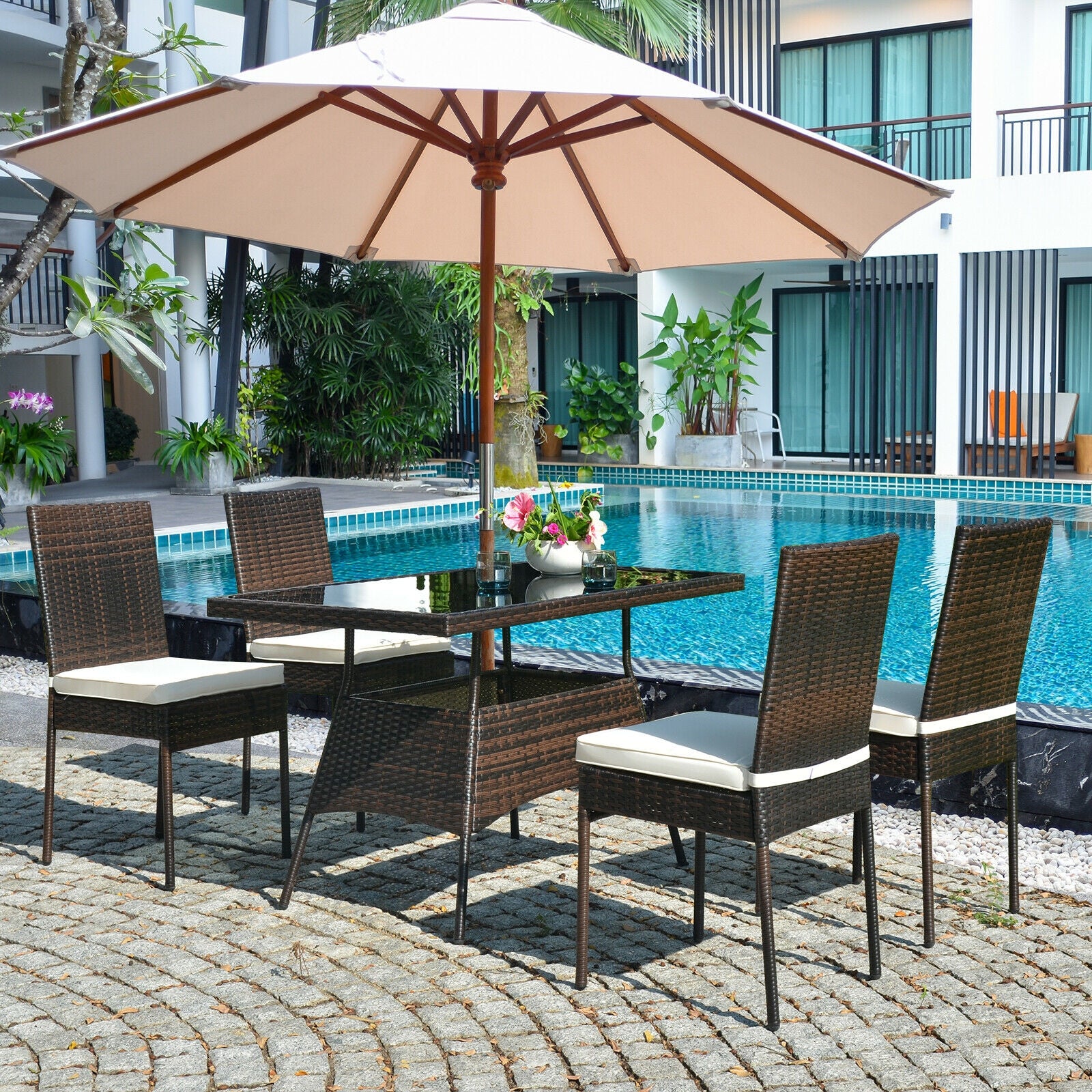 5 Pcs Rattan Dining Set Glass Table High Back Chair, Brown Patio Dining Sets at Gallery Canada