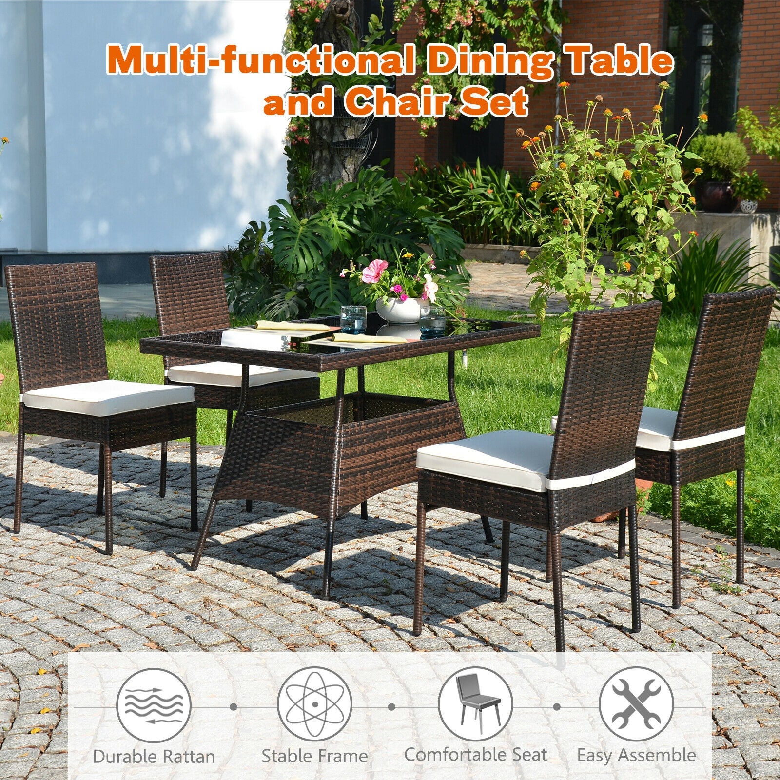5 Pcs Rattan Dining Set Glass Table High Back Chair, Brown Patio Dining Sets at Gallery Canada