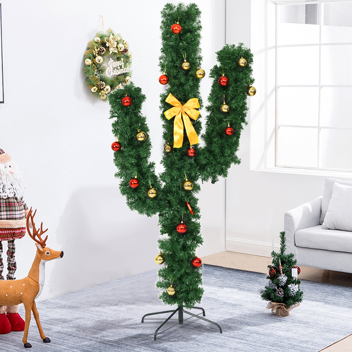 7 Feet Artificial Cactus PVC Christmas Tree with LED Lights and Ball Ornaments-7 ft, Green Christmas Tree at Gallery Canada