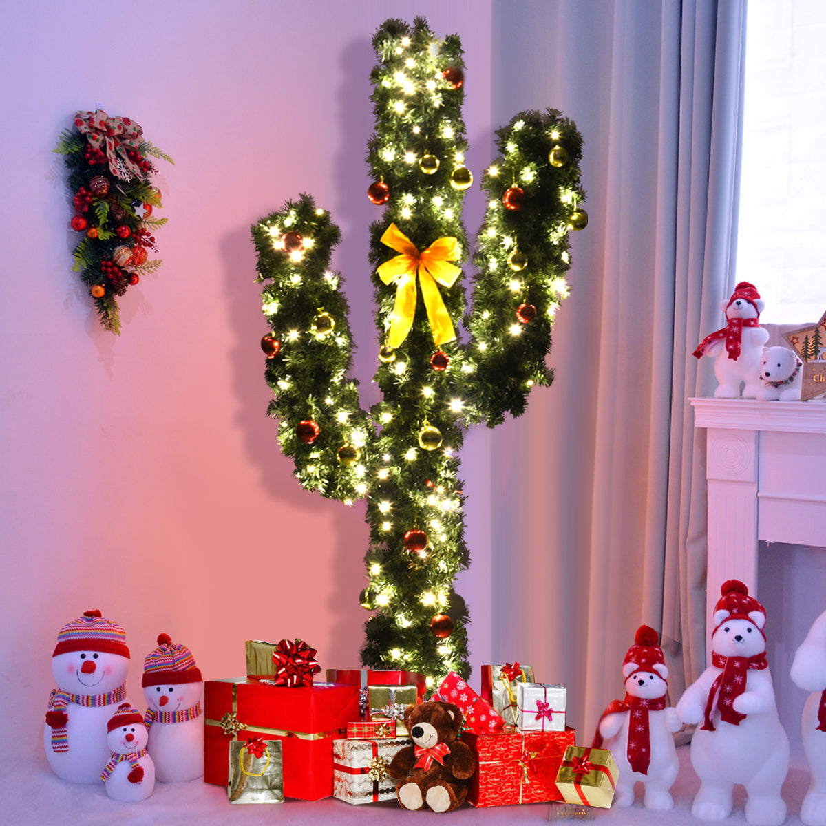 7 Feet Artificial Cactus PVC Christmas Tree with LED Lights and Ball Ornaments-7 ft, Green Christmas Tree at Gallery Canada