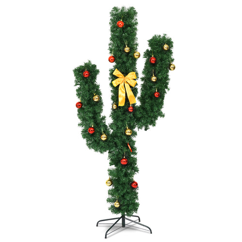 7 Ft Artificial Cactus Christmas Tree, LED Lights, Ball Ornaments, Green