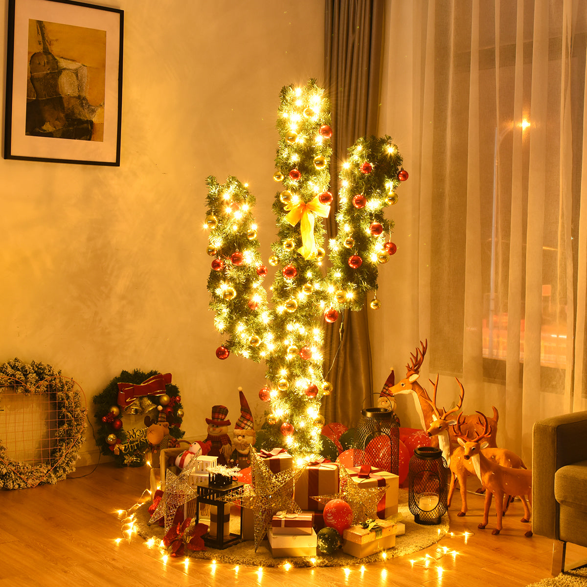 5 Ft Artificial Cactus Christmas Tree, LED Lights, Ball Ornaments, Green Christmas Tree at Gallery Canada