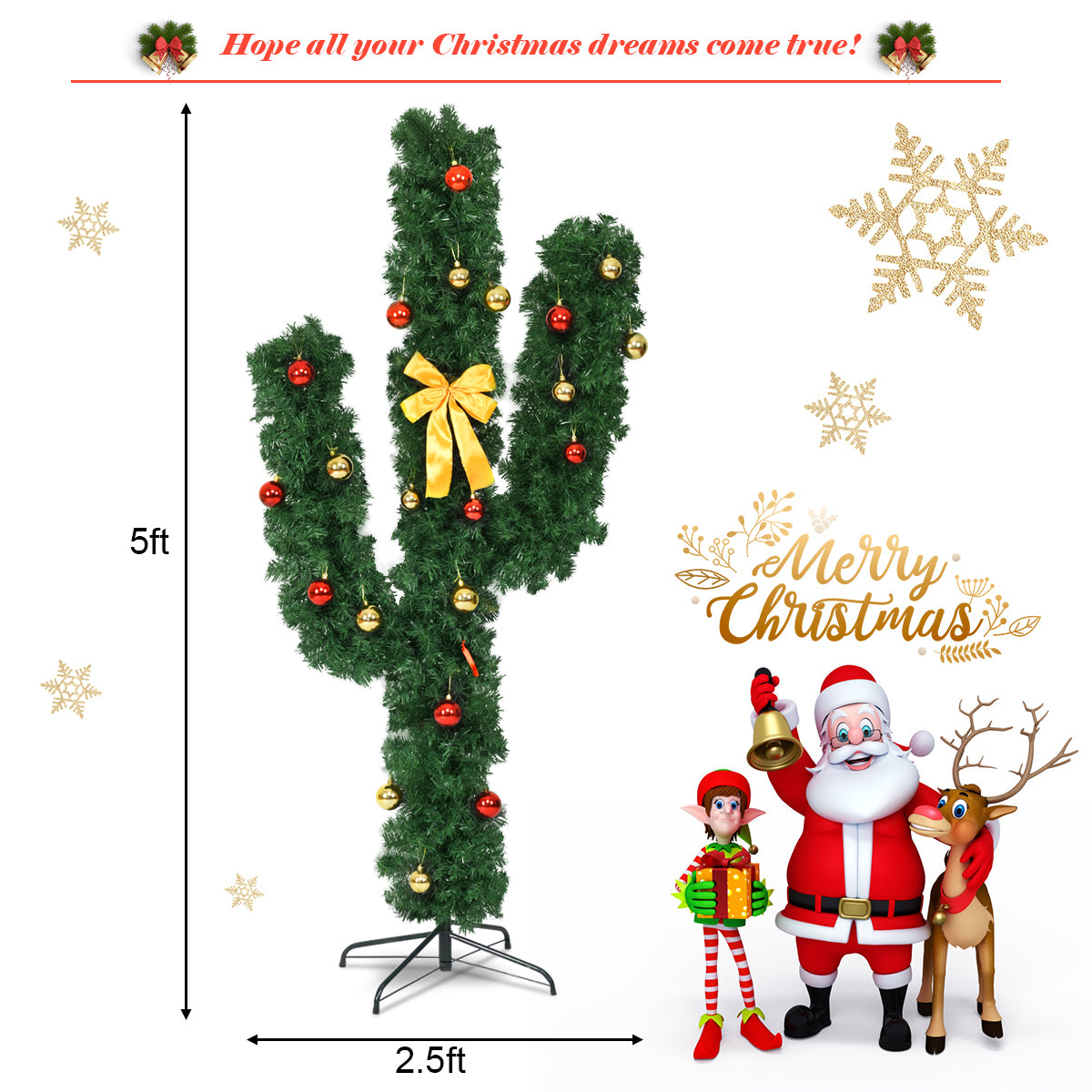 5 Ft Artificial Cactus Christmas Tree, LED Lights, Ball Ornaments, Green Christmas Tree at Gallery Canada