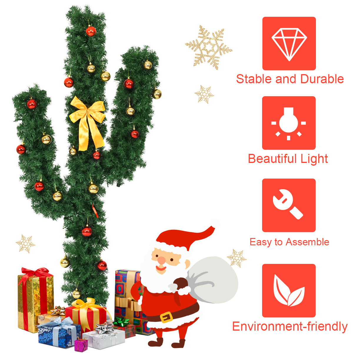 5 Ft Artificial Cactus Christmas Tree, LED Lights, Ball Ornaments, Green Christmas Tree at Gallery Canada