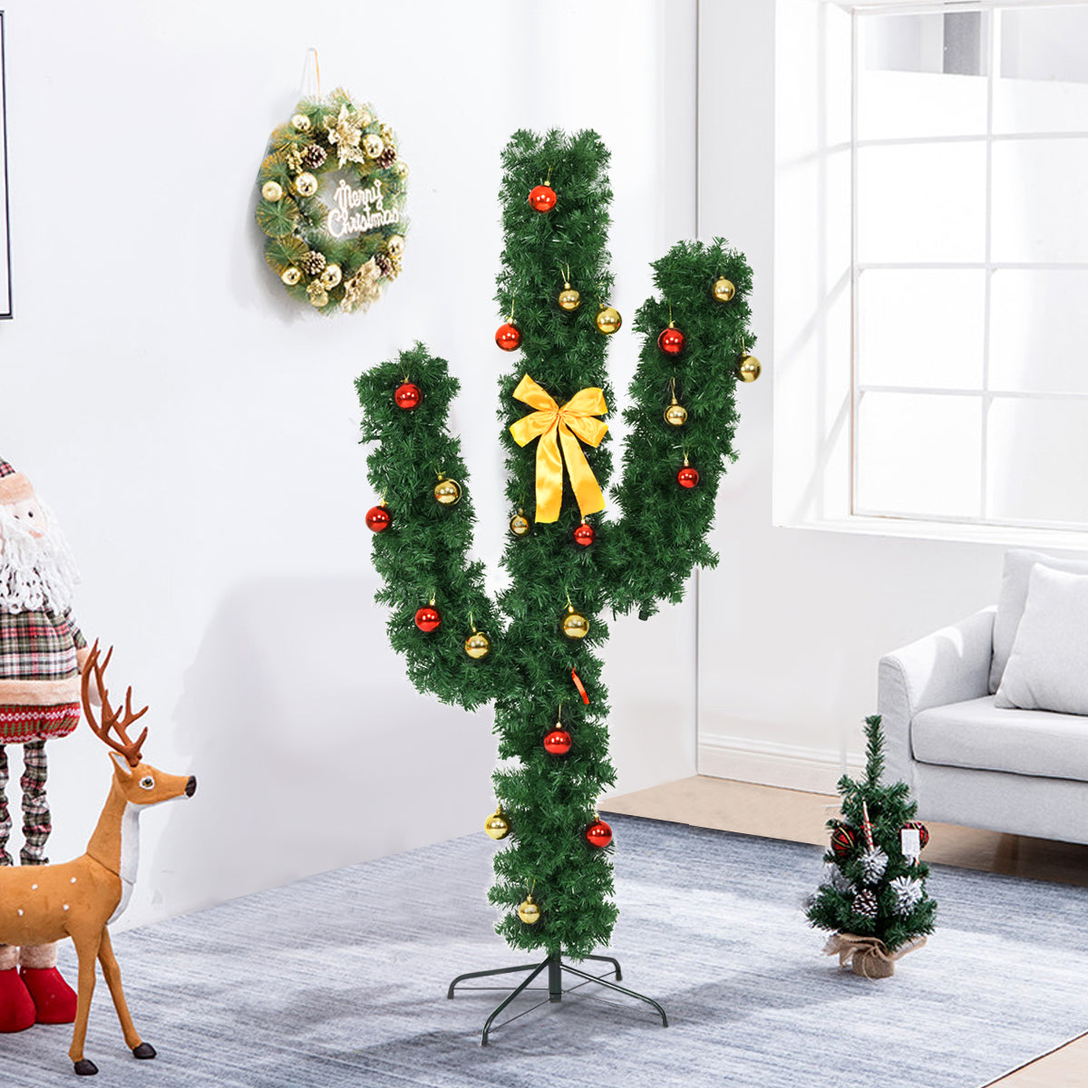 5 Ft Artificial Cactus Christmas Tree, LED Lights, Ball Ornaments, Green Christmas Tree at Gallery Canada