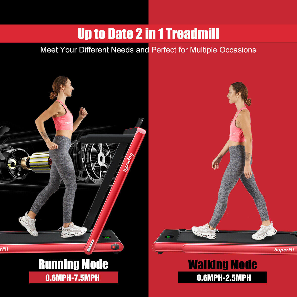 2.25HP 2 in 1 Folding Treadmill with APP Speaker Remote Control, Red Treadmills at Gallery Canada