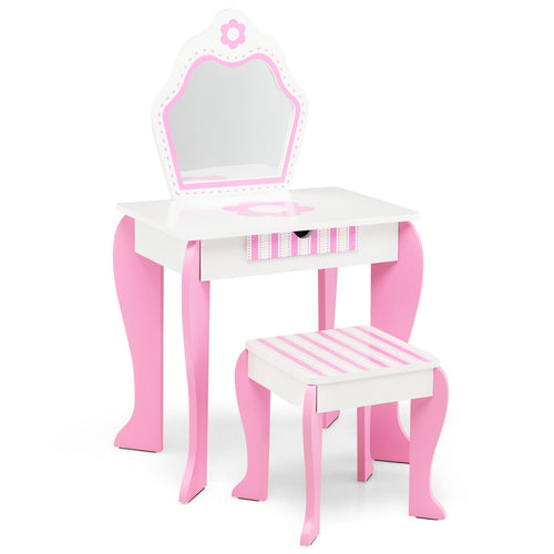 2-in-1 Toddler Vanity Set with Detachable Top and Cute Flower Patterns, White
