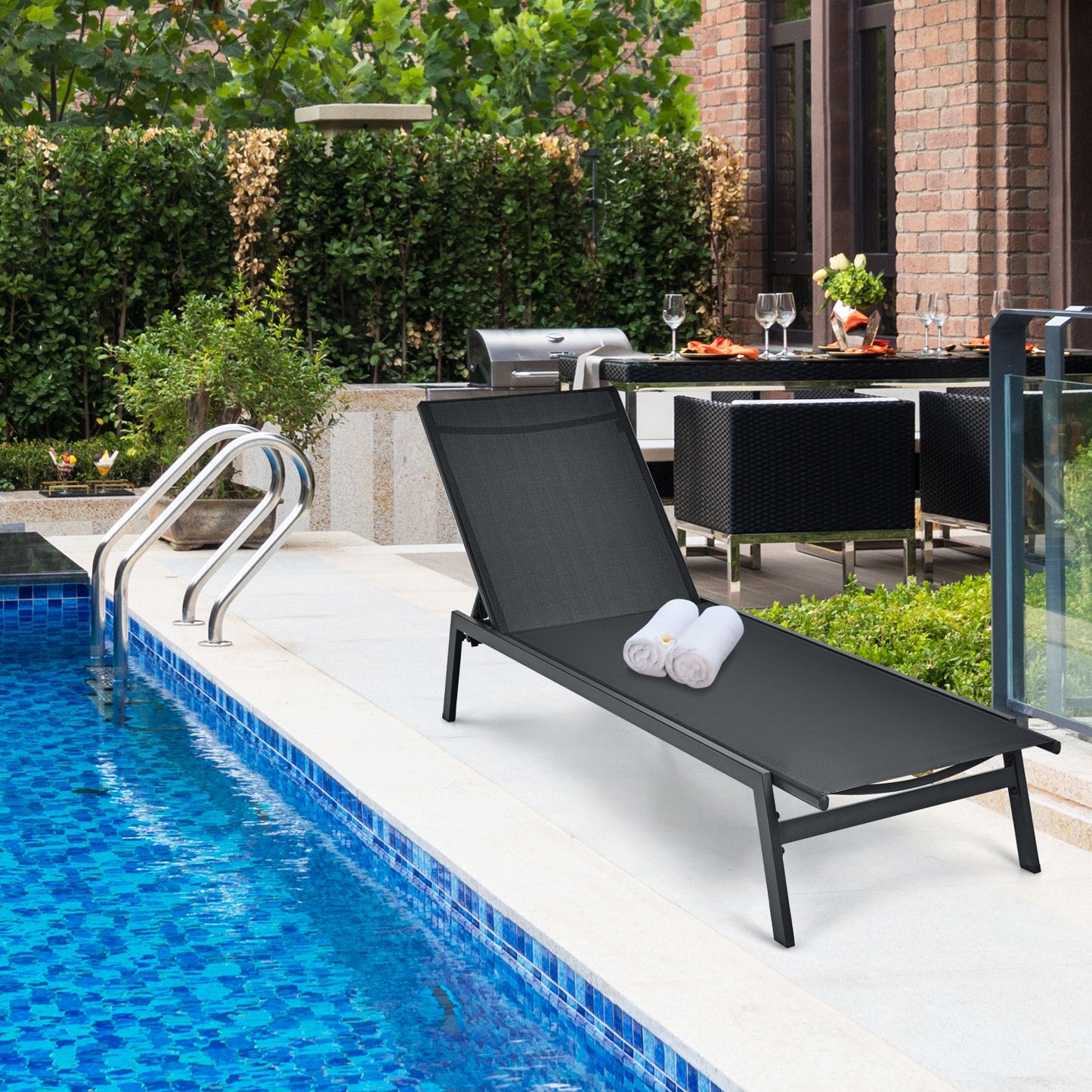 Outdoor Reclining Chaise Lounge Chair, 6-Position Adjustable Back, Black Outdoor Chaise Lounges at Gallery Canada