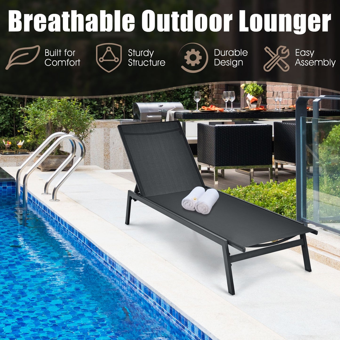 Outdoor Reclining Chaise Lounge Chair, 6-Position Adjustable Back, Black Outdoor Chaise Lounges at Gallery Canada