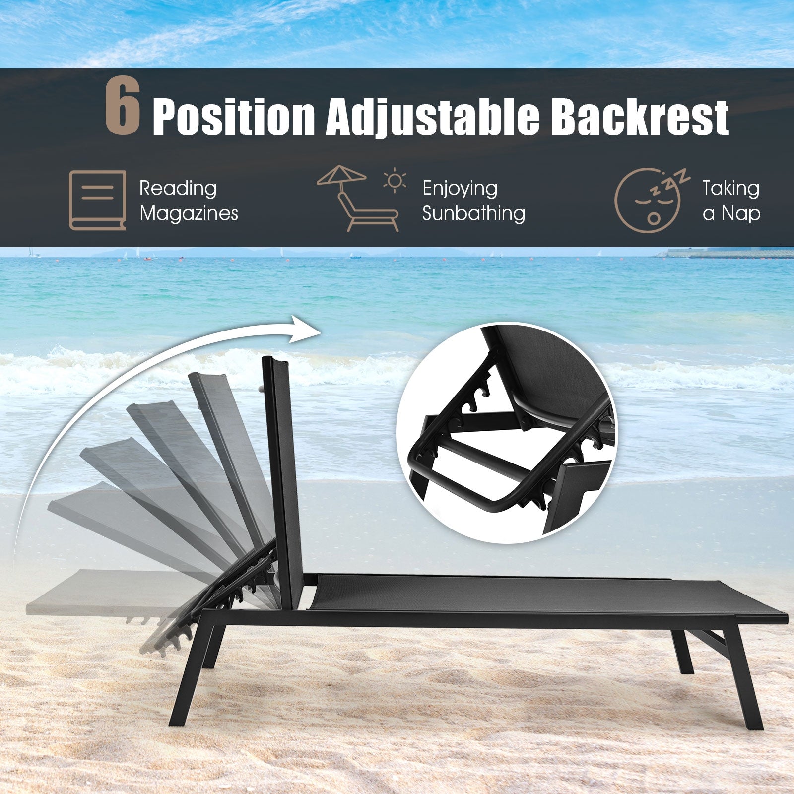Outdoor Reclining Chaise Lounge Chair, 6-Position Adjustable Back, Black Outdoor Chaise Lounges at Gallery Canada