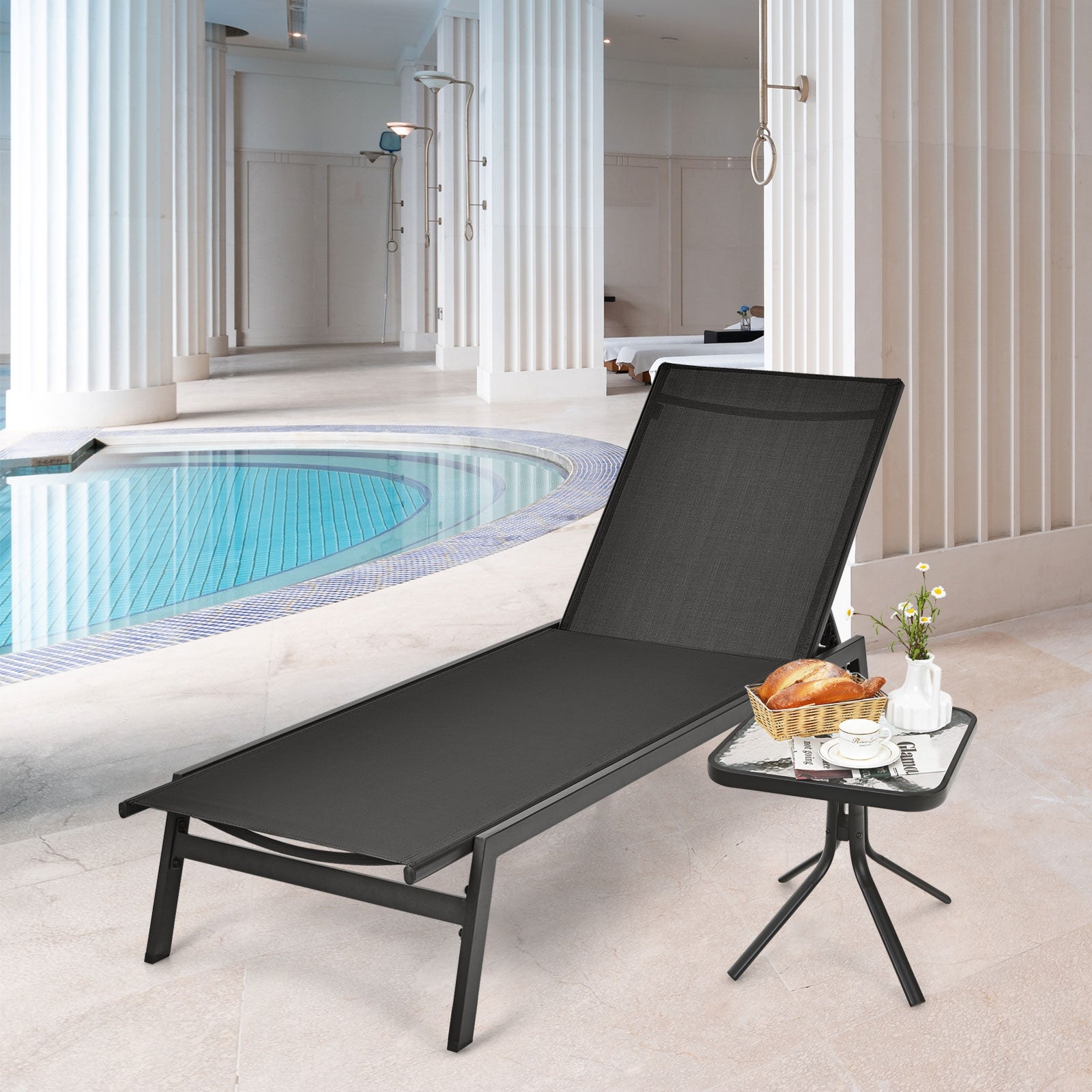 Outdoor Reclining Chaise Lounge Chair, 6-Position Adjustable Back, Black Outdoor Chaise Lounges at Gallery Canada