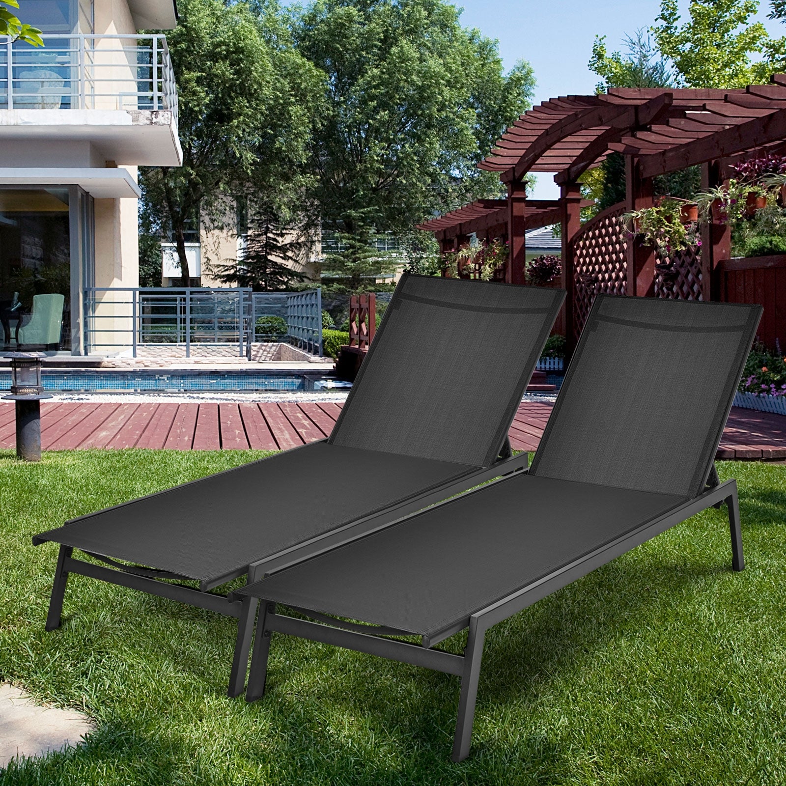 Outdoor Reclining Chaise Lounge Chair, 6-Position Adjustable Back, Black Outdoor Chaise Lounges at Gallery Canada
