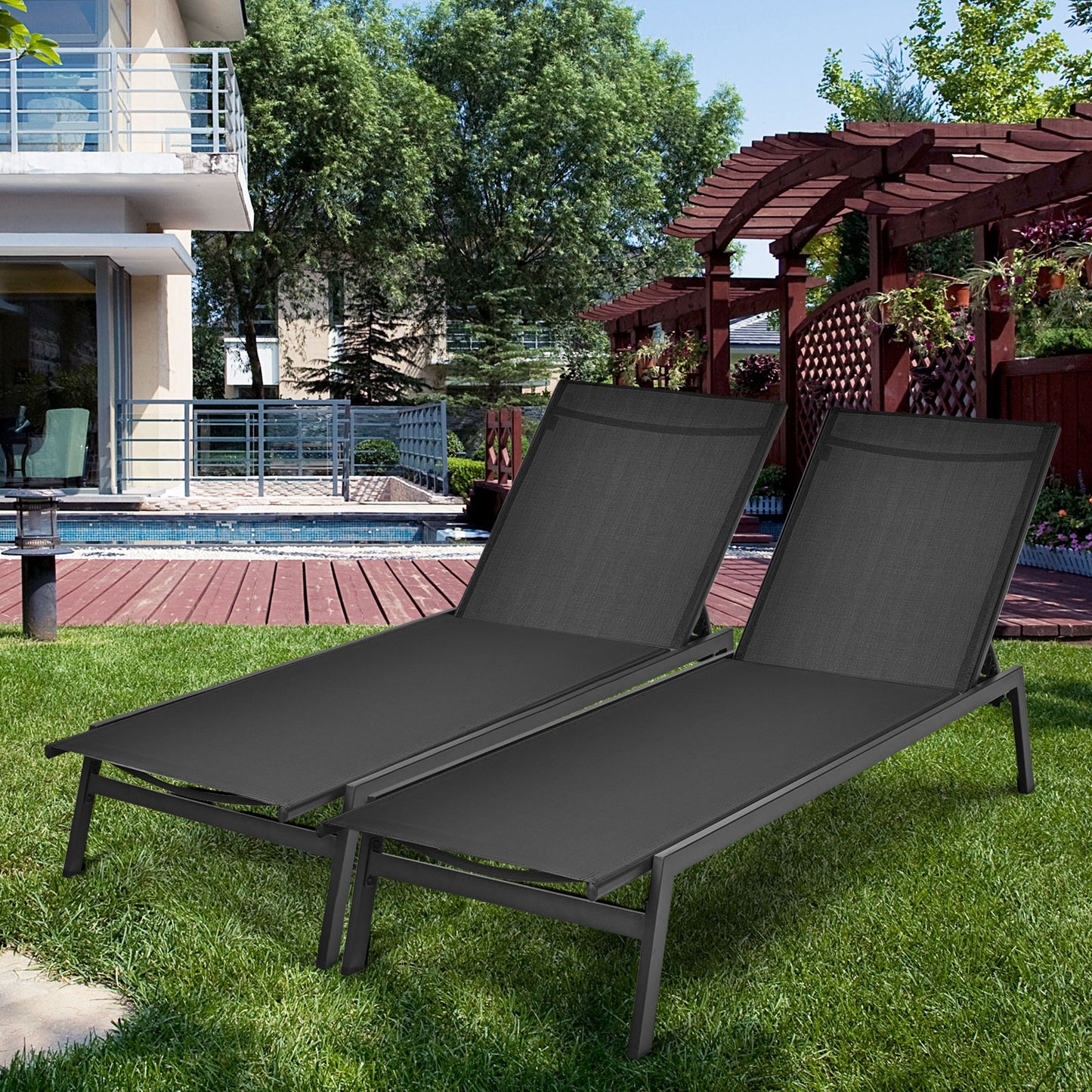 Outdoor Reclining Chaise Lounge Chair, 6-Position Adjustable Back, Black Outdoor Chaise Lounges at Gallery Canada