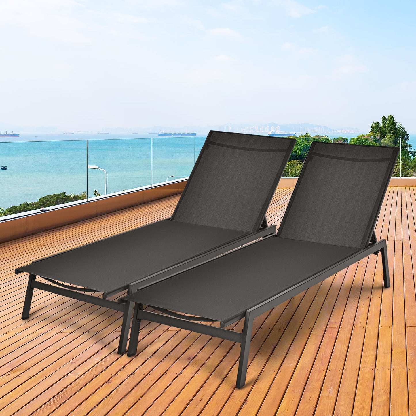 Outdoor Reclining Chaise Lounge Chair, 6-Position Adjustable Back, Black Outdoor Chaise Lounges at Gallery Canada