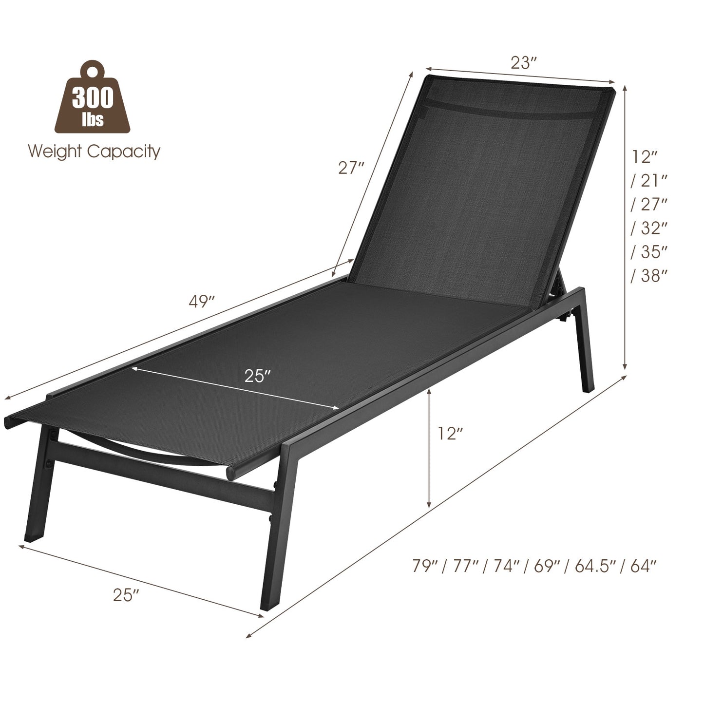 Outdoor Reclining Chaise Lounge Chair, 6-Position Adjustable Back, Black Outdoor Chaise Lounges at Gallery Canada