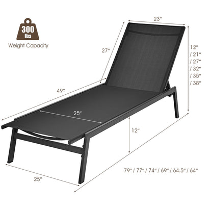 Outdoor Reclining Chaise Lounge Chair, 6-Position Adjustable Back, Black Outdoor Chaise Lounges at Gallery Canada