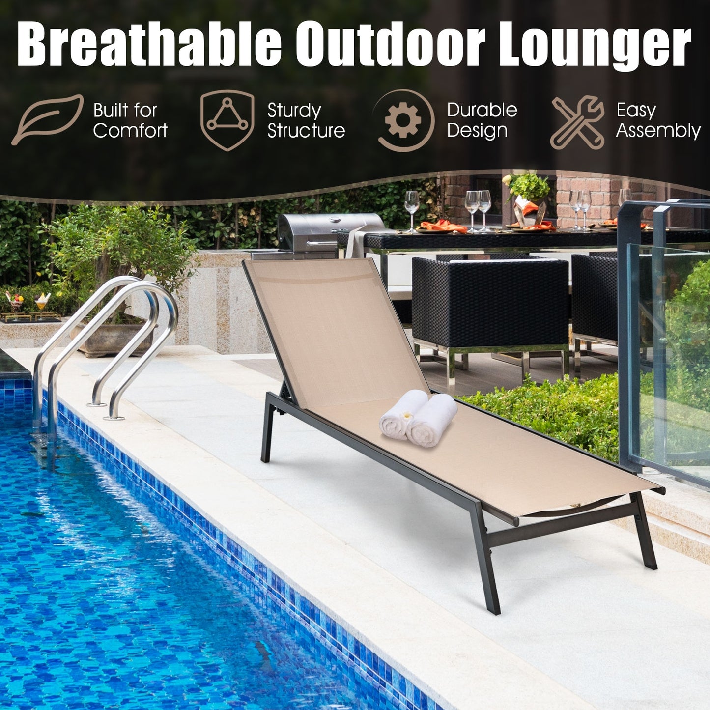 Outdoor Reclining Chaise Lounge Chair with 6-Position Adjustable Back, Brown Outdoor Chaise Lounges at Gallery Canada