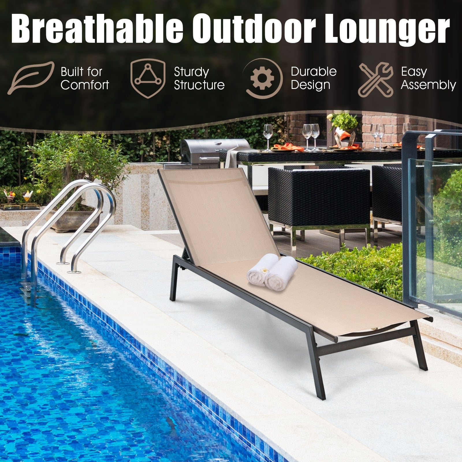 Outdoor Reclining Chaise Lounge Chair with 6-Position Adjustable Back, Brown Outdoor Chaise Lounges at Gallery Canada