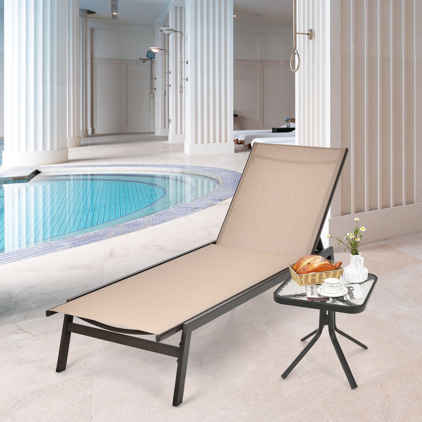 Outdoor Reclining Chaise Lounge Chair with 6-Position Adjustable Back, Brown Outdoor Chaise Lounges at Gallery Canada