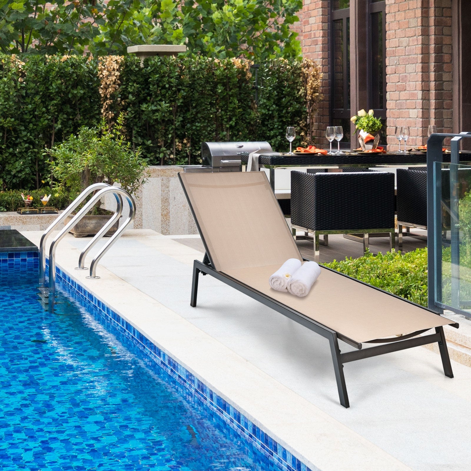 Outdoor Reclining Chaise Lounge Chair with 6-Position Adjustable Back, Brown Outdoor Chaise Lounges at Gallery Canada